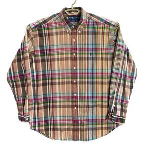 Ralph Lauren Blake Long Sleeve Button Up Shirt XL Plaid Tan Red Cotton